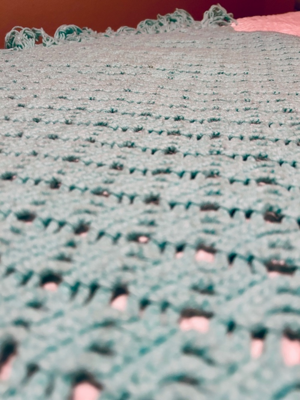Handmade Teal Crochet Throw Blanket Afghan with Fringe - Picture 4 of 5